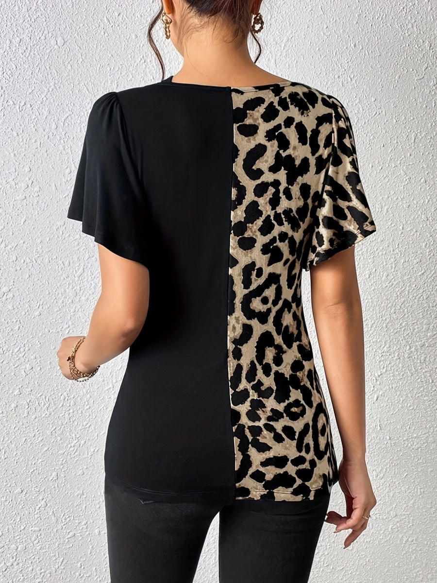 Splicing Stripes Asymmetrical Leopard Print T-shirts