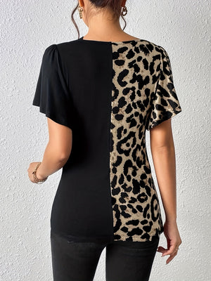 Splicing Stripes Asymmetrical Leopard Print T-shirts