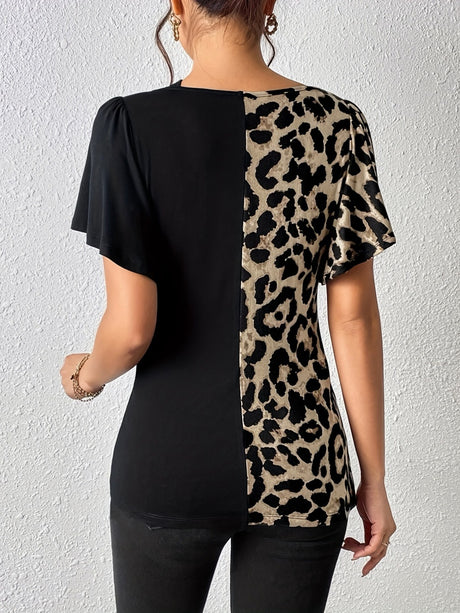 Splicing Stripes Asymmetrical Leopard Print T-shirts