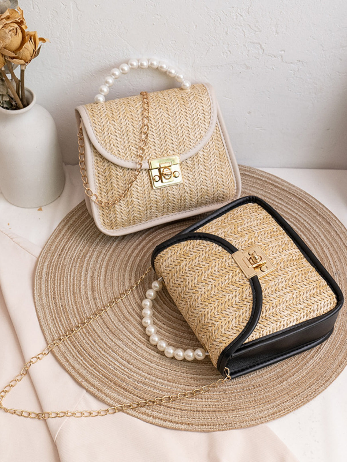 Vacation Straw Beaded Crossbody Bag