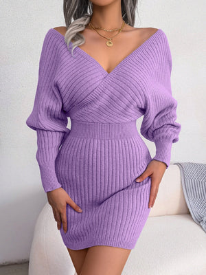 Cross V-neck Batwing Sleeves Hip-hugging Knitting Mini&Short Dresses