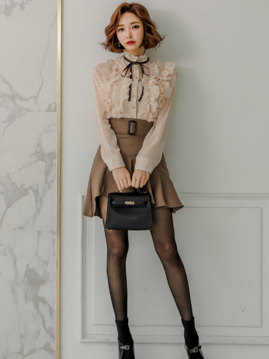 Elegant Two-piece Set: Stand-up Collar Sheer Blouse And Ruffled Skirt.