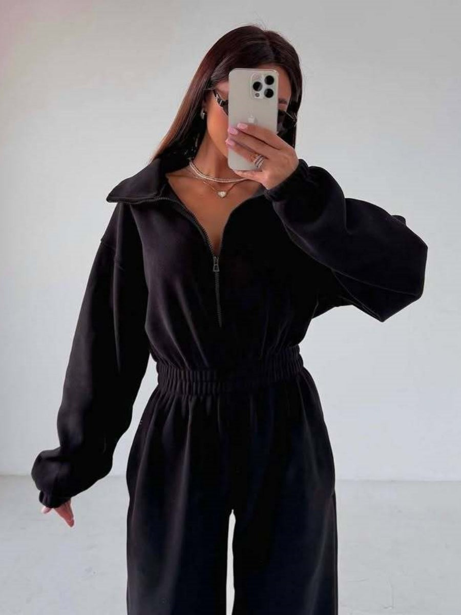 Liber Autumn women's one-piece suit solid color straight pants long-sleeved jumpsuit