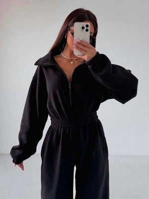 Liber Autumn women's one-piece suit solid color straight pants long-sleeved jumpsuit
