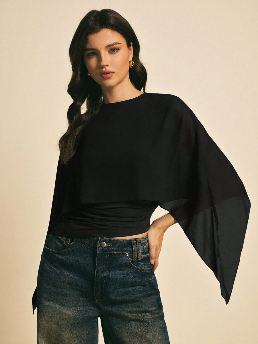 Cape-sleeve T-shirt, Round Neck, Loose Chiffon Cover-up, Elegant Irregular Top/T-shirt
