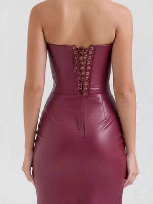 PU Leather Tube Top Bandage Slits Hip-hugging Maxi Dresses