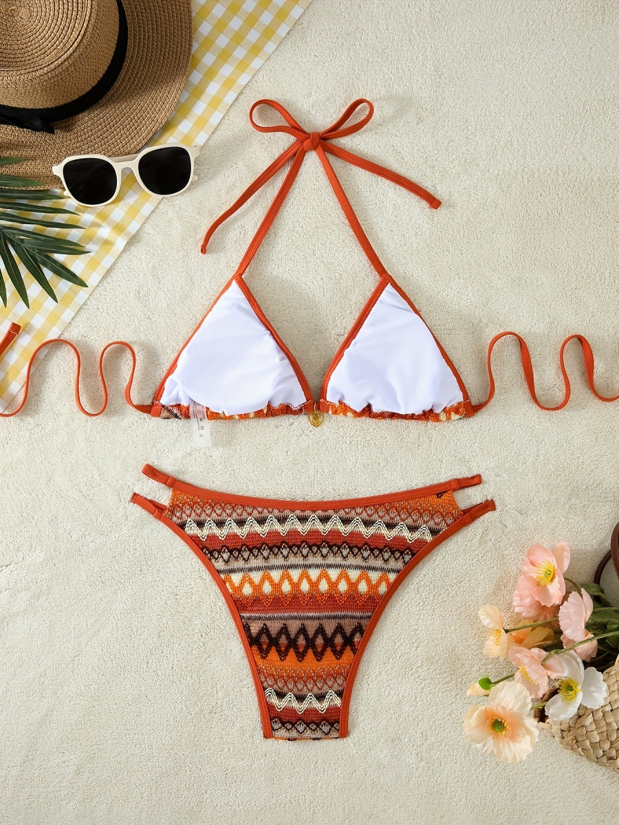 Knitted Color-blocked Striped Tie-up Bikini