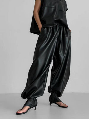 Drawstring Ankle Lantern Pants Loose Leather Pants PU Leather Trousers