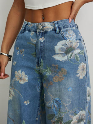 Loose Straight Wide Leg Floral Printed Jeans