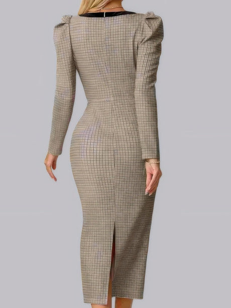 Bow Long Sleeve Tight Fit Bodycon Dress Plaid Knitting Workplace Midi Dresses