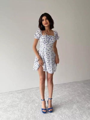 Zipper Floral Printed Short sleeve Mini&Short Dresses