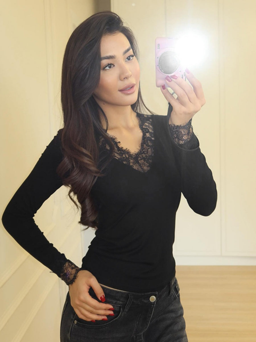 V-neck Lace Trim Waist T-shirts