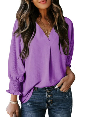 V-neck Long Sleeve Roll Up The Cuffs Shirt T-shirts