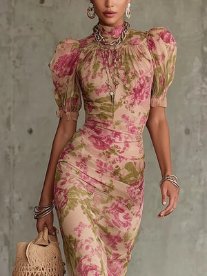 Floral Ruffles, Puff Sleeves, Cinched Waist Maxi Dresses