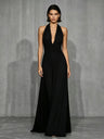 Off-shoulder And Backless Solid Color Halter Neck Long Dress