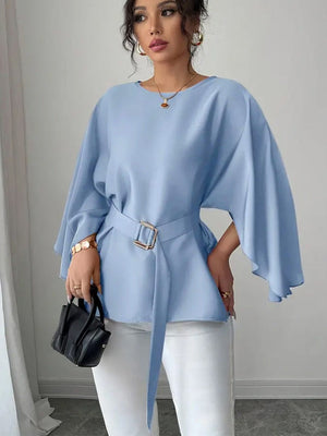 Blue Bell Sleeves With Belt Chiffon Shirt