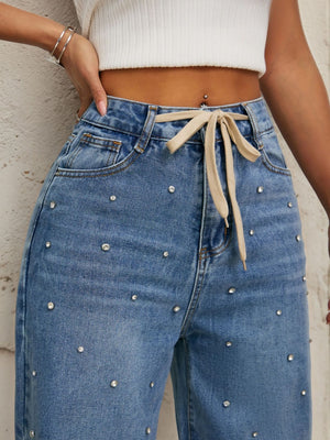 High-waisted, Loose-fitting, Slimming Straight-leg Beaded Jeans