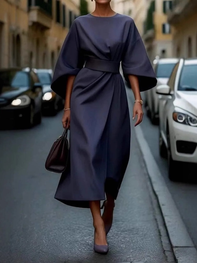 Solid Color Fitted Waist Dress, Casual Batwing Sleeve Long Skirt