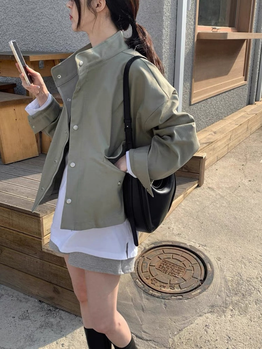 Lapel Zipper Design, Loose Fit, Versatile Long-sleeved Jacket, Motorcycle Jacket, Outerwear