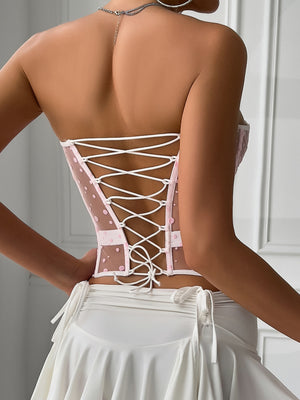 Polka Dots Fish Bones Lace Up Waist Shaping Bustier Tank Tops