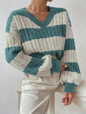 Stripes V-neck Color Matching Knitted Sweater