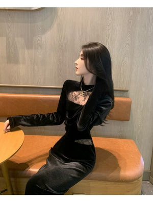 Velvet Dress, Women's Style, Rich Heiress Look, Lace Long-sleeved Black Dress