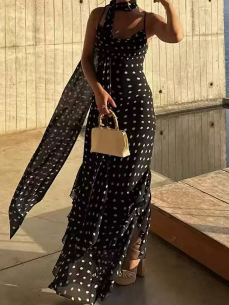 Sleeveless Polka Dot Scarf Collar Ruffled Spaghetti Strap Long Dress