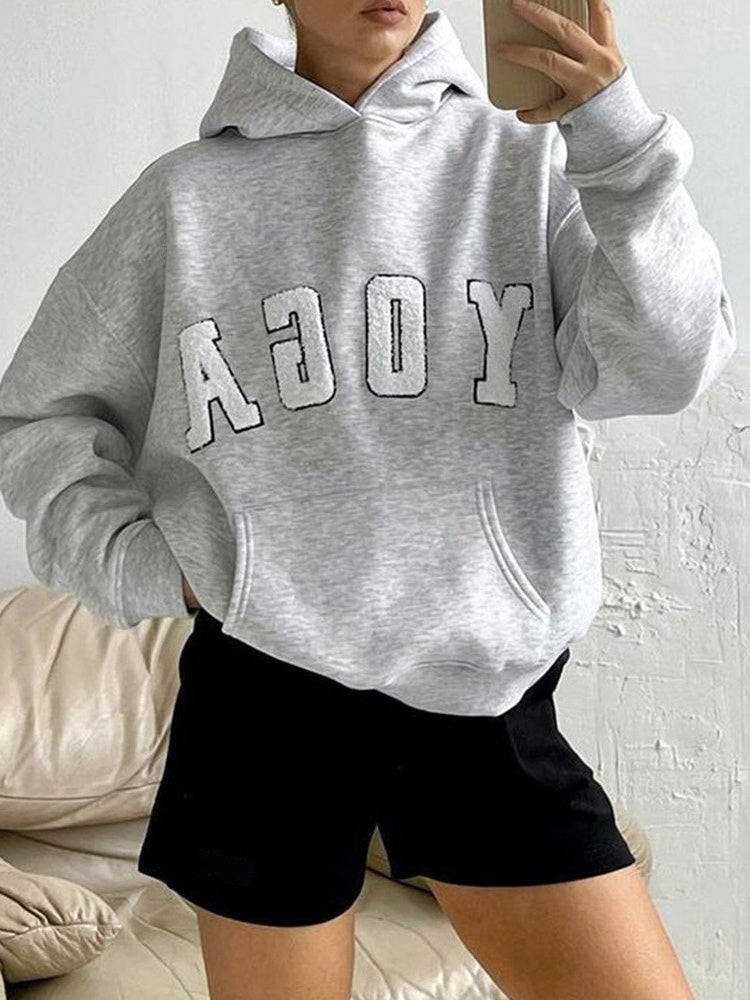 Grey Embroidered YOGA Letter Print Oversized Hooded Sweatshirt