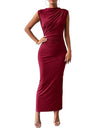 Robe maxi sans manches plissée coupe ajustée, couleur unie