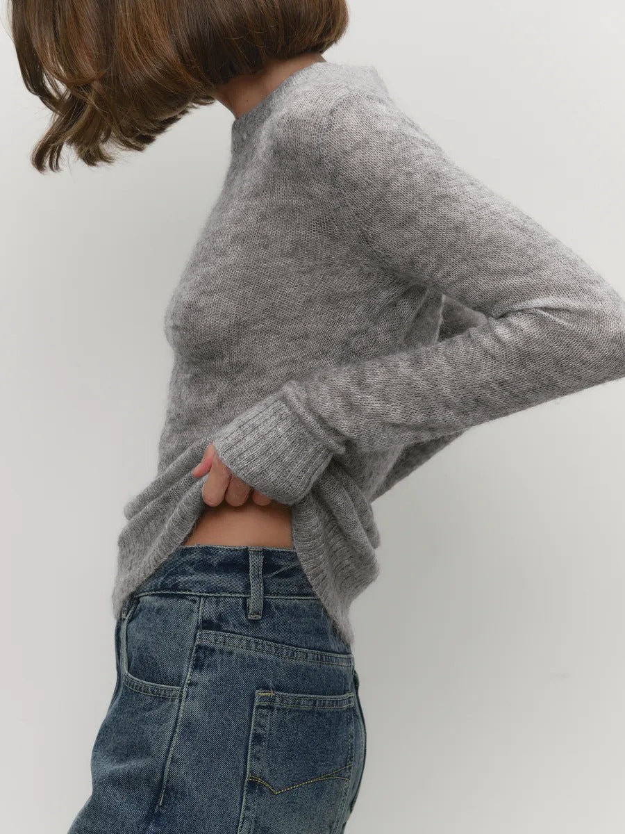Mohair Crew Neck Pullover Sweater, Semi-sheer Base Layer Sweater