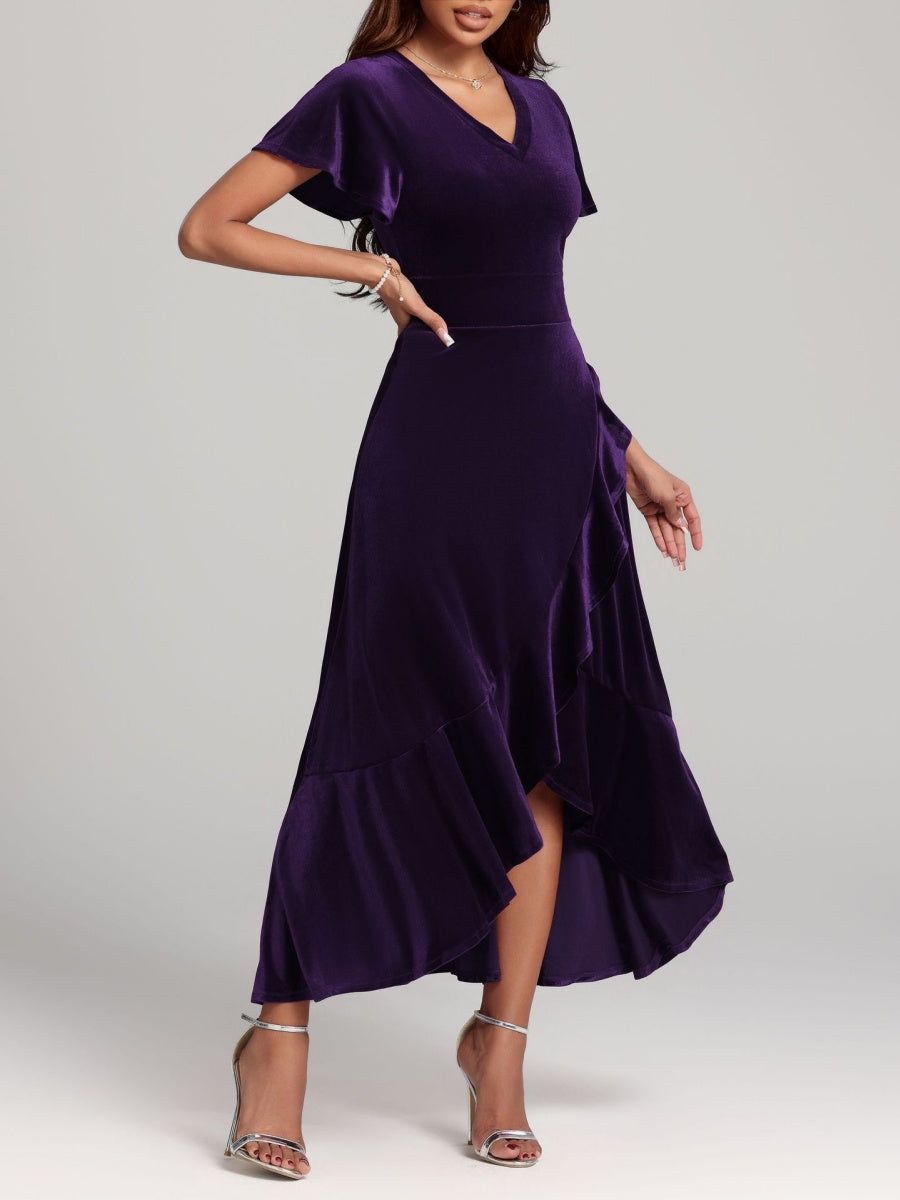 Large Velvet V-neck Flying Sleeves Irregular Hem Long Dress