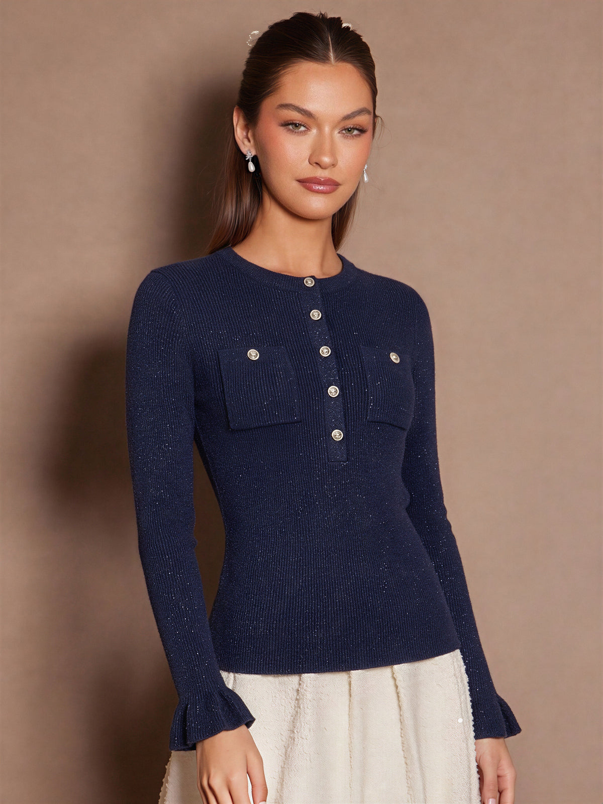 Half-open Metal Button Pocket Ruffle Sleeve Pullover Sweater