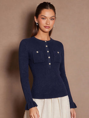 Half-open Metal Button Pocket Ruffle Sleeve Pullover Sweater