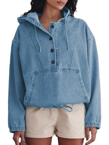 Button-up Pullover Denim Hoodie