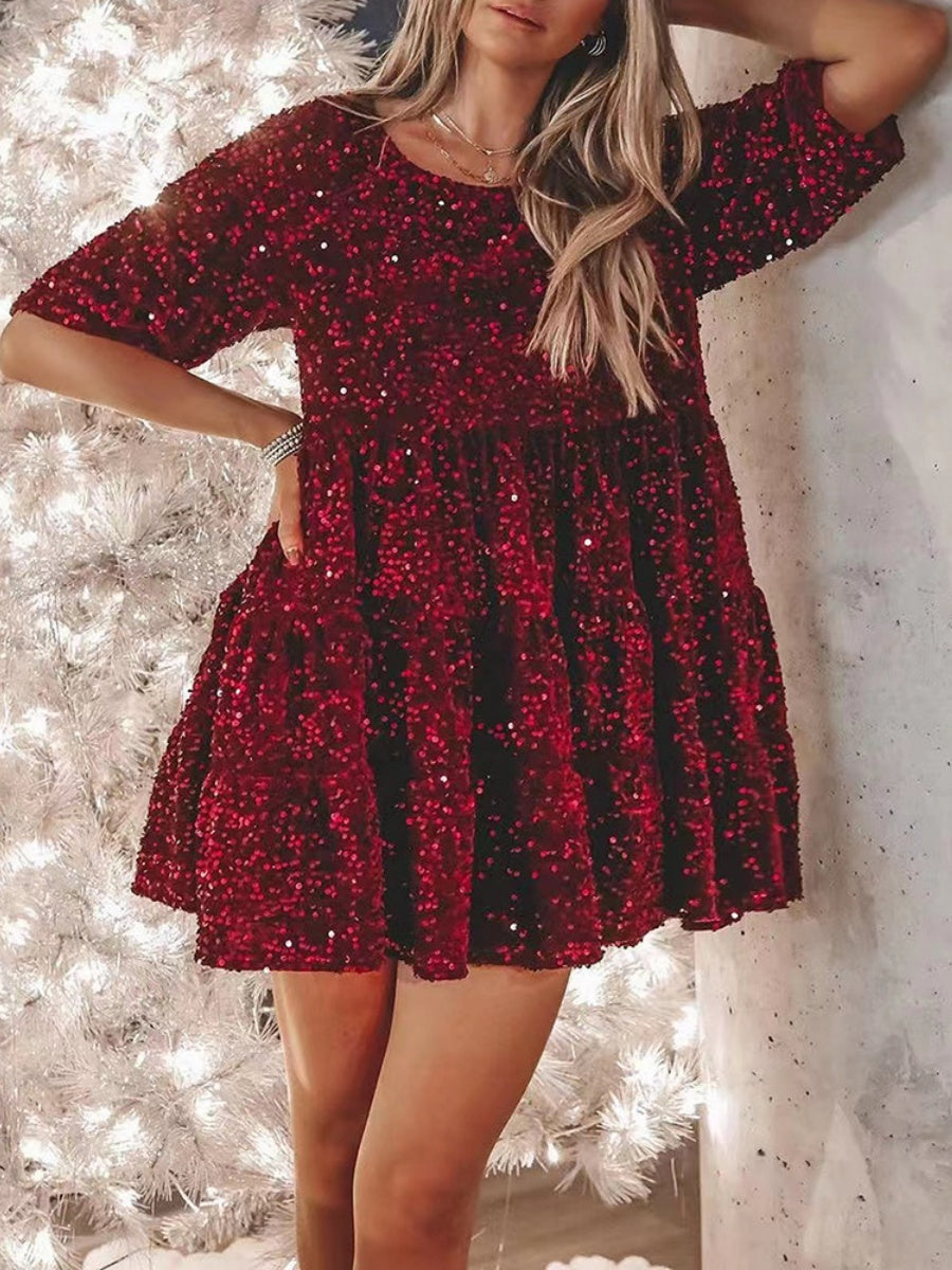 Sequins Crew Neck Loose Waist Short Sleeve Dress