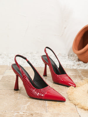 Embossed Patchwork Pointed Toe Open-back Stiletto Heels