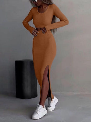 Knitting Long Sleeve T-shirts Skirts Slits Bodycon Dress 2-piece Sets