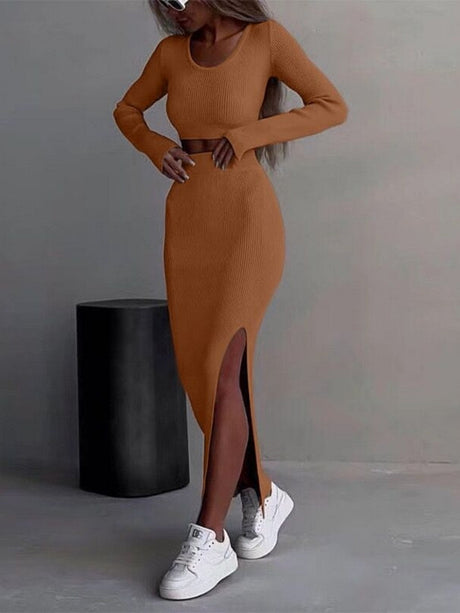 Knitting Long Sleeve T-shirts Skirts Slits Bodycon Dress 2-piece Sets