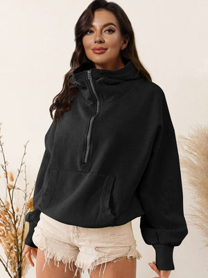 Women's Autumn/Winter Solid Color Half-Zip Long-Sleeve Kangaroo Pocket Hooded Sweatshirt