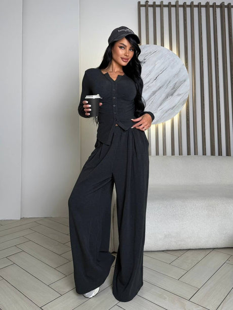 American Minimalist Sexy Two-piece Set: Fitted Long-sleeved Cardigan, High-waisted Wide-leg Pants, Casual Style.