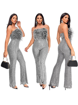 Sleeveless Backless Sequined Feather Flared Leg Jumpsuit