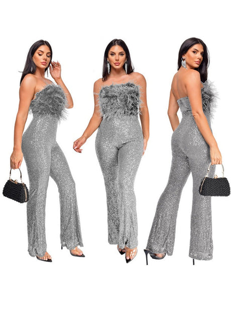 Sleeveless Backless Sequined Feather Flared Leg Jumpsuit