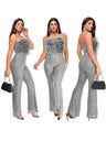 Sleeveless Backless Sequined Feather Flared Leg Jumpsuit