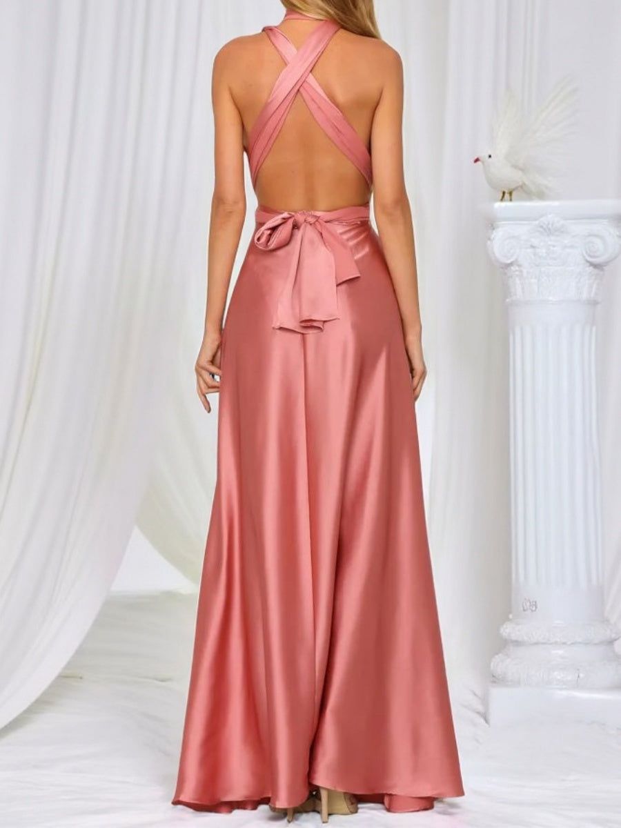 V-neck Satin Ribbon Long Skirt Parties Maxi Dresses