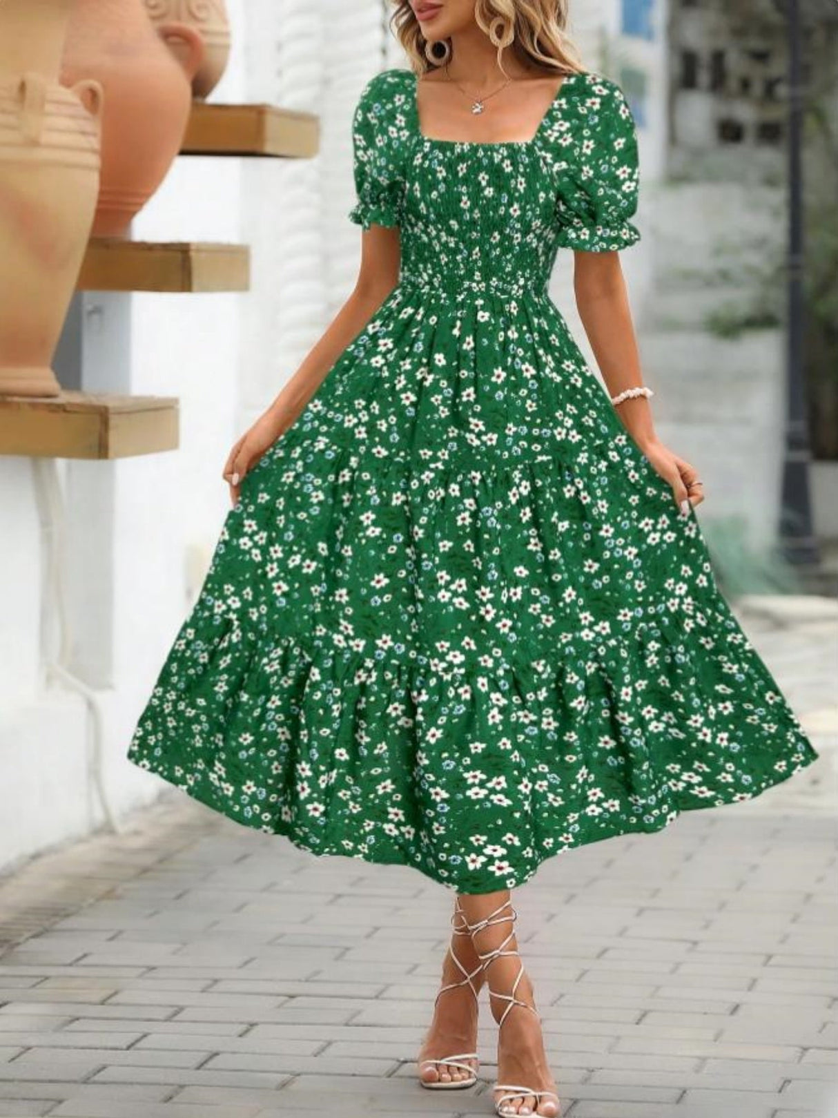Floral Print Square Neckline And Puff Sleeves Maxi Dresses