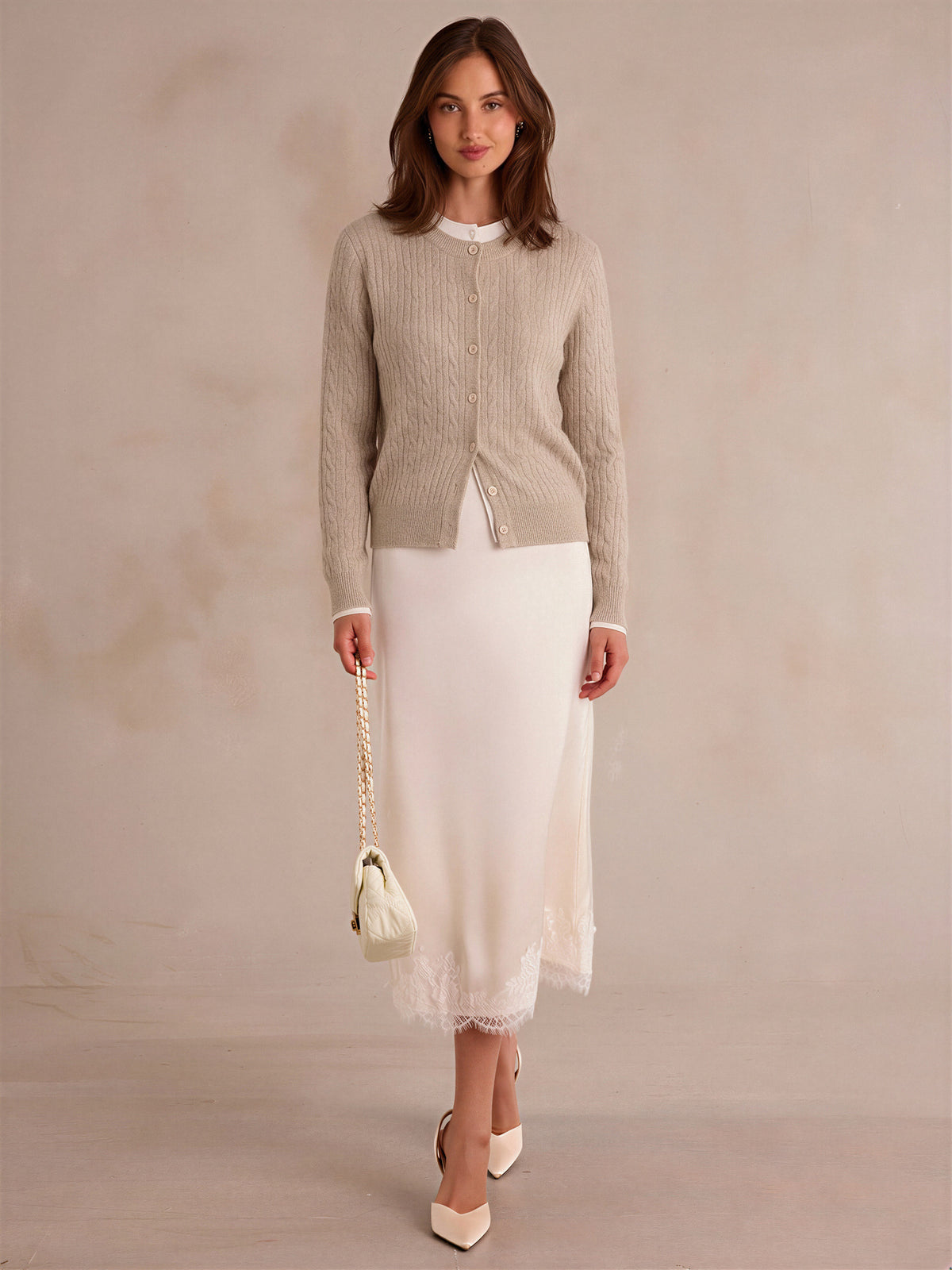 Cable Knit Color-blocked Trim Faux Two-piece Round Neck Knit Cardigan