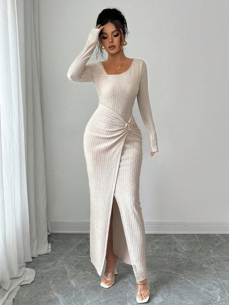 Irregular Neckline Solid Color Knitting Texture Maxi Dresses