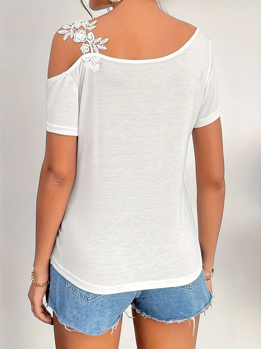 Applique Short Sleeve Splicing Chiffon Blouse
