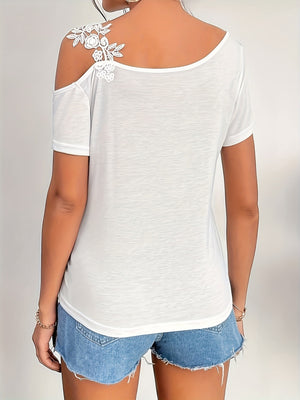 Applique Short Sleeve Splicing Chiffon Blouse