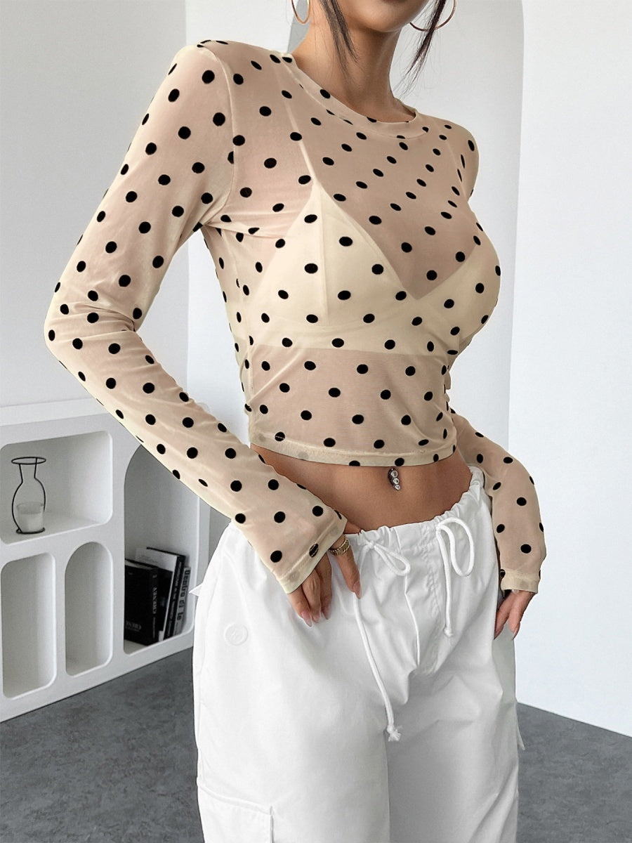 Polka Dots Mesh T-shirt Sheer Tops